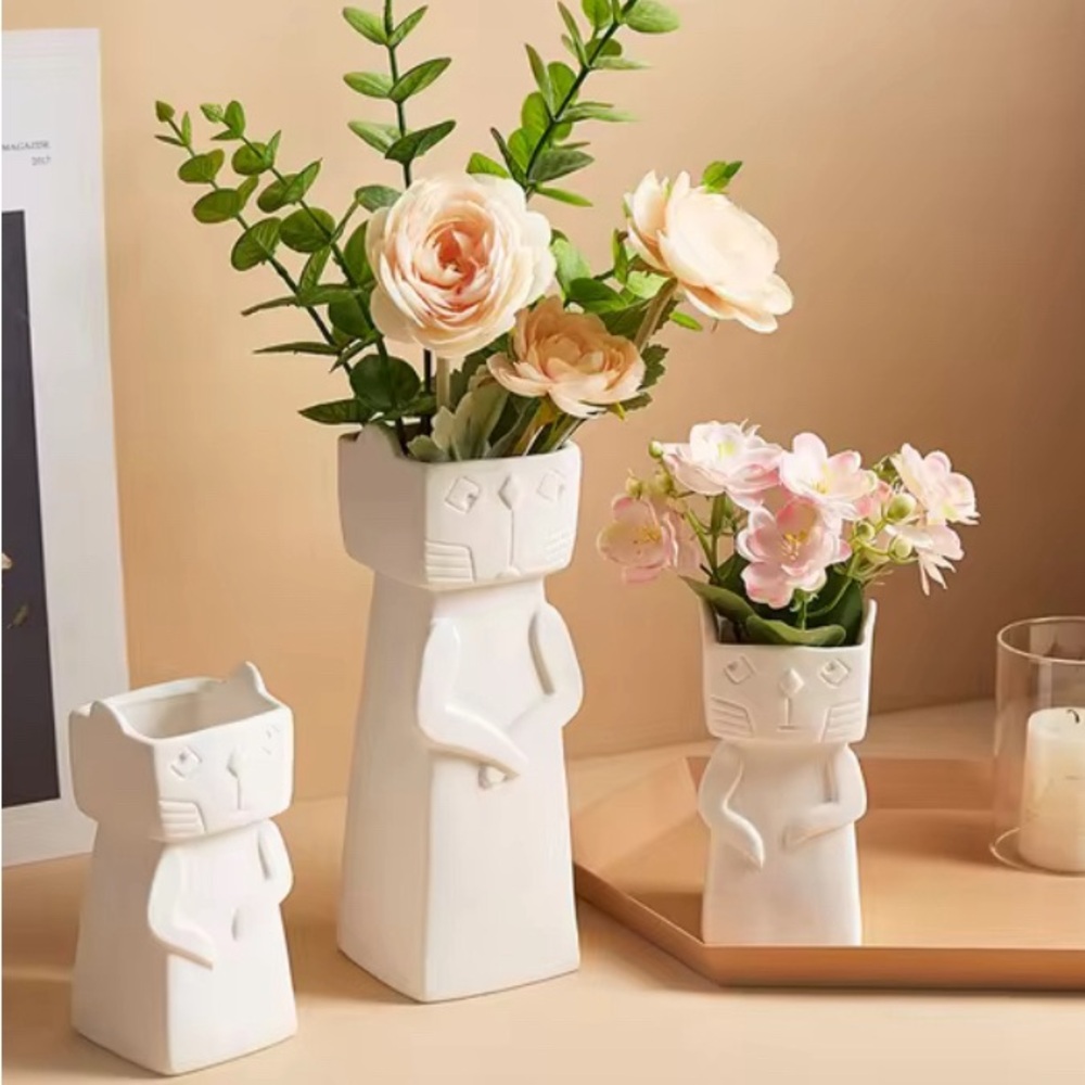 NEW 3 Piece Cat Design Ceramics Statue Planters Pots Shaped Flower Vase Desktop